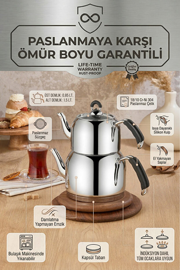 Lotus Mini Size Stainless Steel Teapot 2.35 Lt (0.85+1.5Lt) with Strainer
