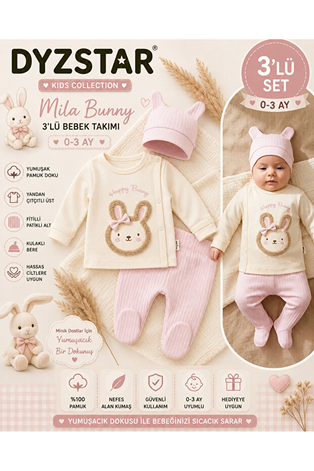 Mila Bunny Embroidered 100% Cotton 3-Piece Baby Set - Bodysuit with Side Snaps, Ribbed Booties Bottom and Base Layer