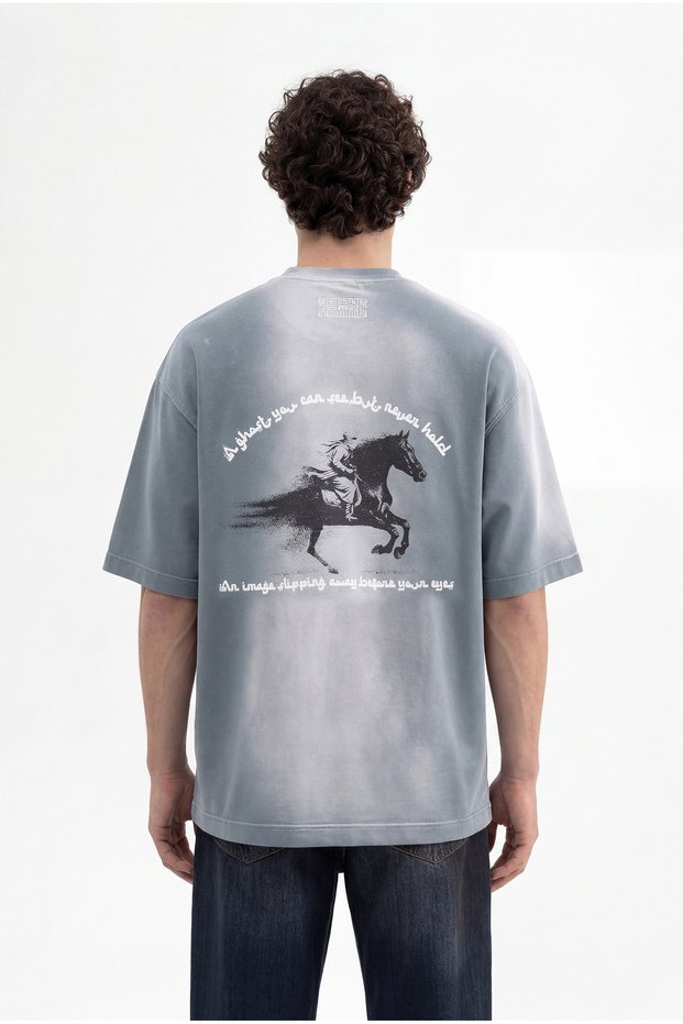 Men's Printed and Embroidered Washable Oversize T-Shirt Gray