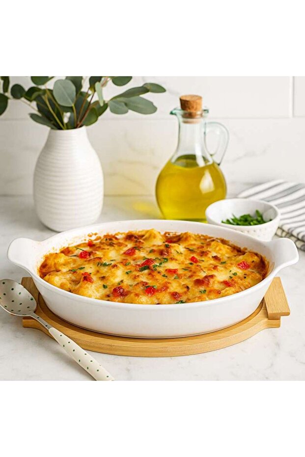 Natura Oval Baking Dish With Bamboo Base 800ml- White
