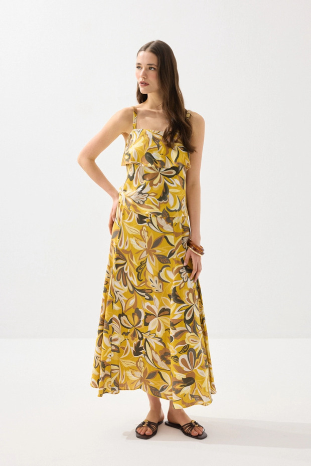 Patterned Linen Blouse with Straps - Yellow - 4