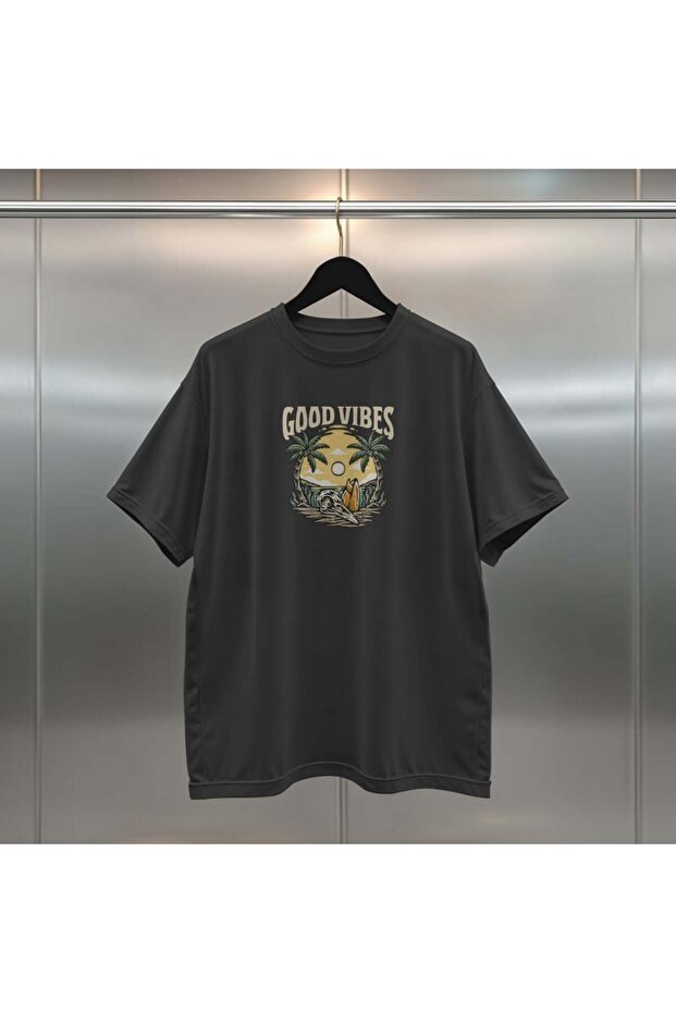 Good Vibes Digital Print Oversize Unisex Black T-Shirt