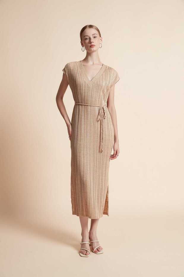 Beige Solid Midi Belted Dress