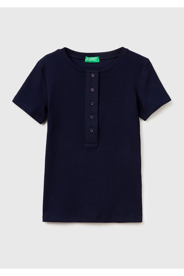 Women's Navy Blue Cotton Blend Round Neck T-Shirt with Button Detail on the Front
