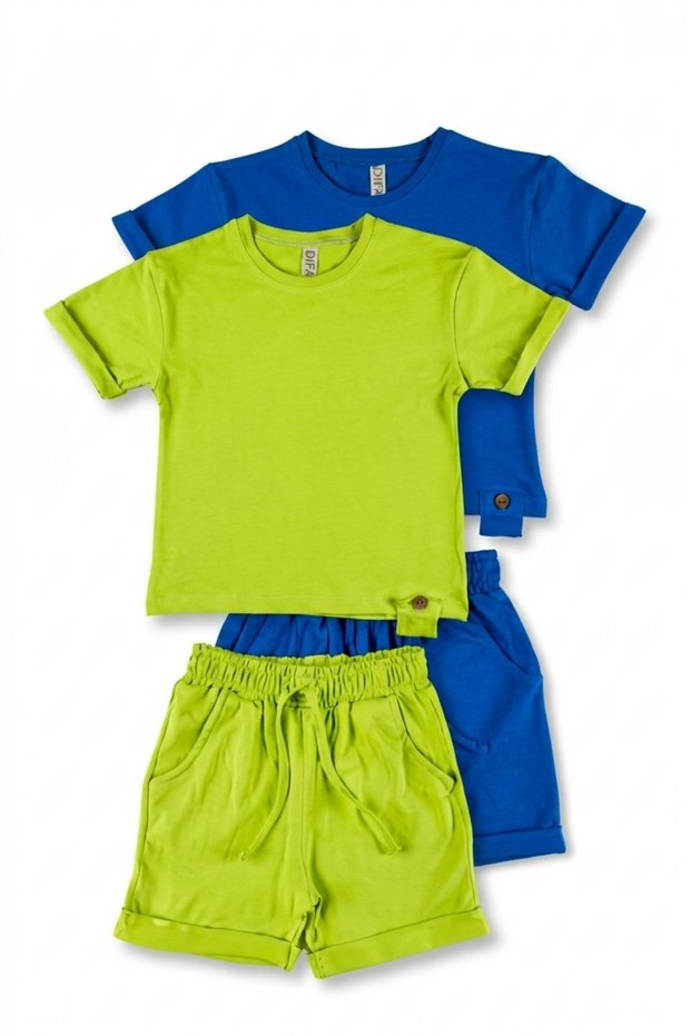 Set of Two Wooden Button Design Summer Blue Neon Yellow Girl Boy Unisex Bottom Top Set