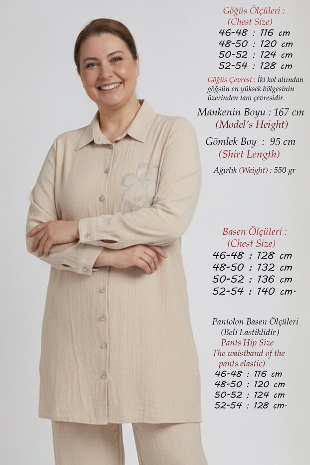 Plus Size Summer Loose Fit Mother's Two-Piece Set with Stone Detail - Light Strawberry Fabric Shirt and Wide-Leg Pants Set