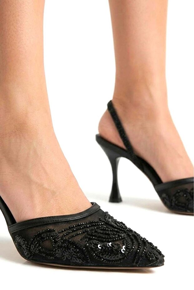 Y726493615 Black Mesh Sequin Embroidered İ Stiletto Heel Women's Shoes