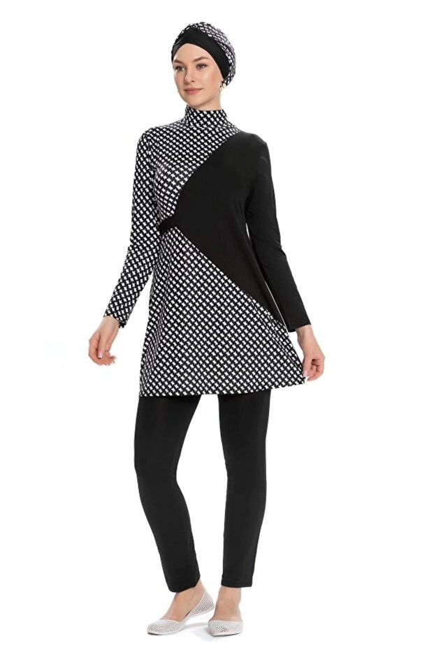 Lycra Full Covered Swimsuit Black Belt Detailed Houndstooth