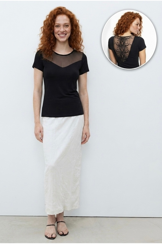 Black Viscose Tulle Detailed Back Embroidered Women's T-Shirt