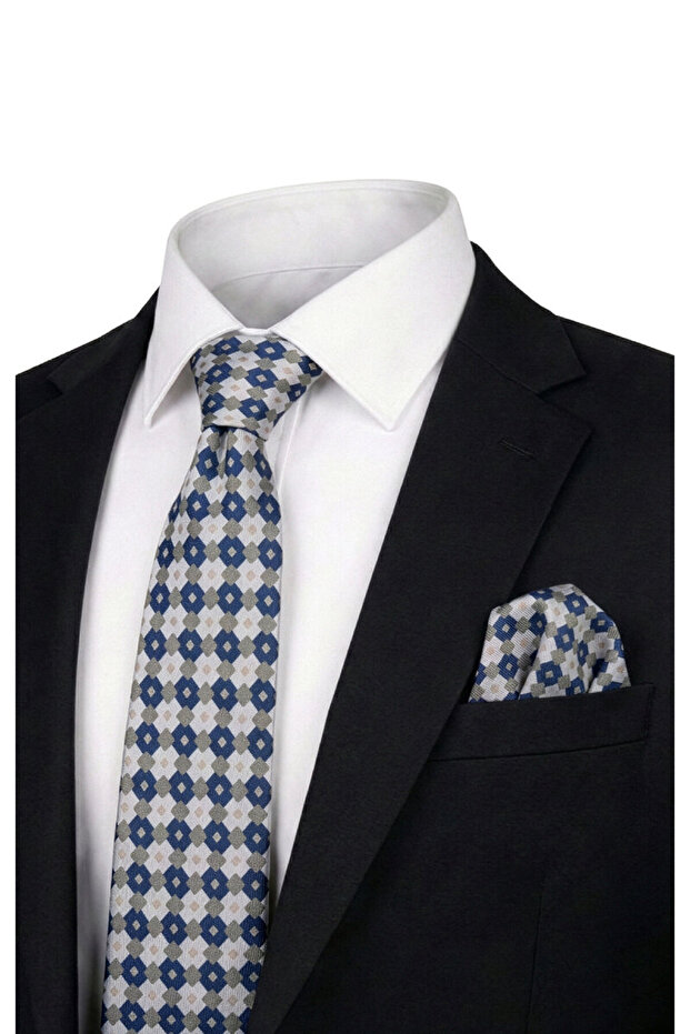 Petrol Blue Patterned Silk Tie Set