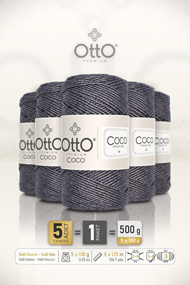 Coco • Smoked • 5-Pack × 100 Gr / 125 m • 2 mm • Glitter, Cotton Thread • Bag, Accessories