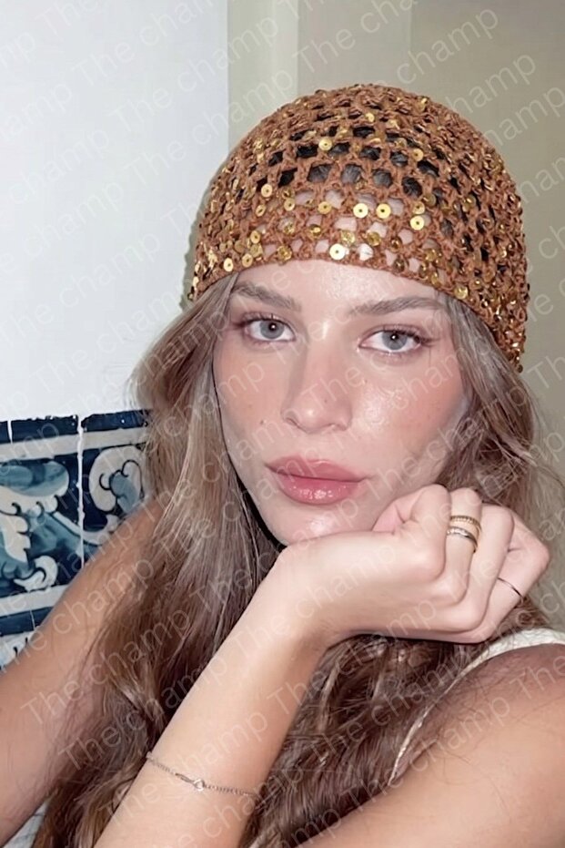Women's Knitted Beanie Hat Boho Bloom Orange – Handmade Look Summer Bohemian Accessory