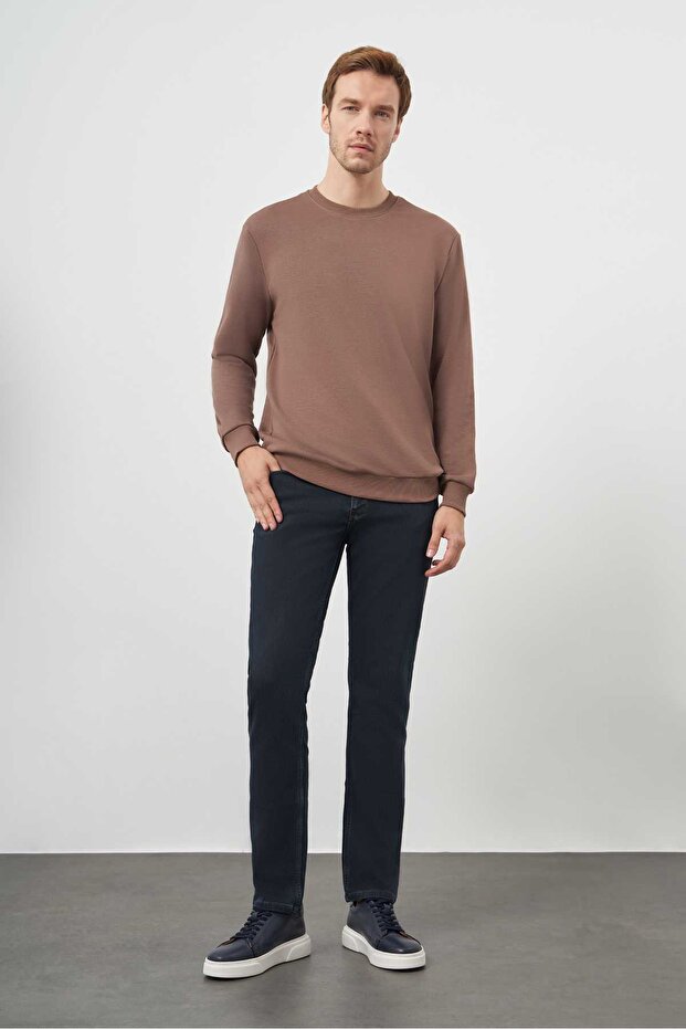 Men's Brown Basic Crew Neck Sweat-Shirt - 4