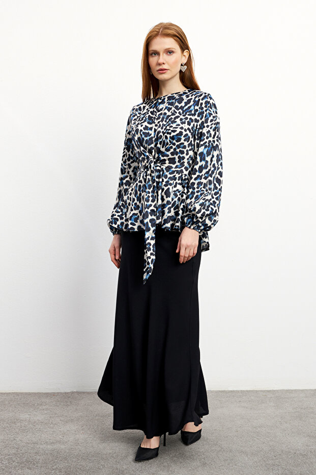 Leopard Patterned Blouse Skirt Set - Indigo - 1