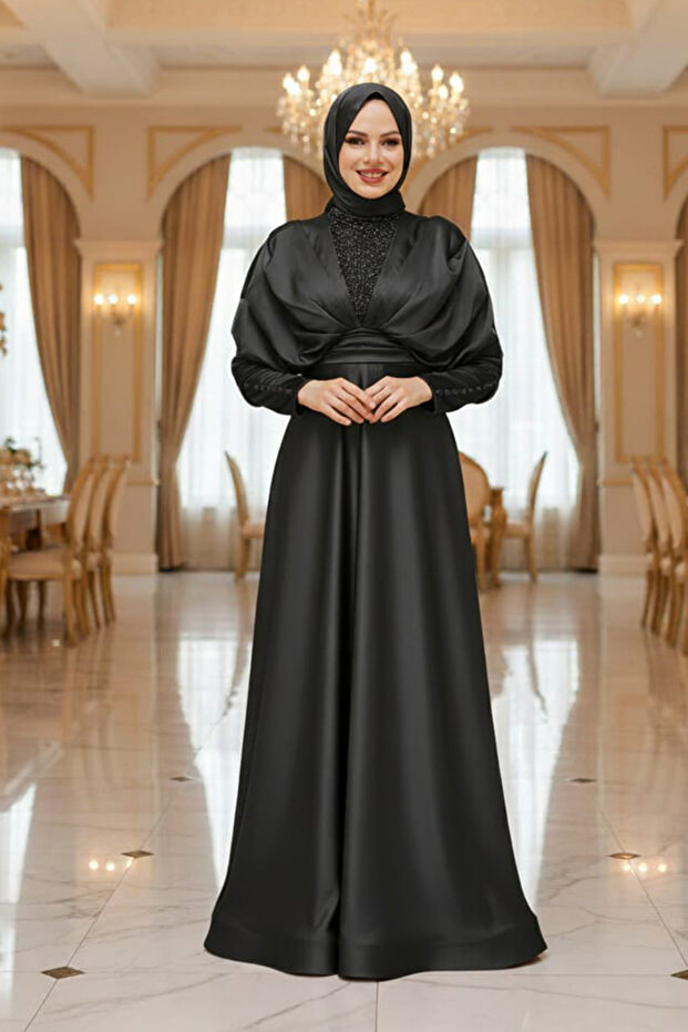 Beaded Black Hijab Evening Dress 22451S