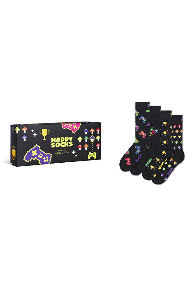 Happy Socks Men's Black Player Themed Cotton 4-Piece Sock Set P003368