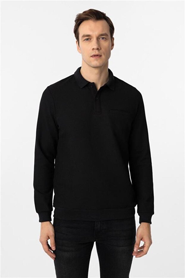 Siyah Regular Armürlü Polo Yaka Triko - 2
