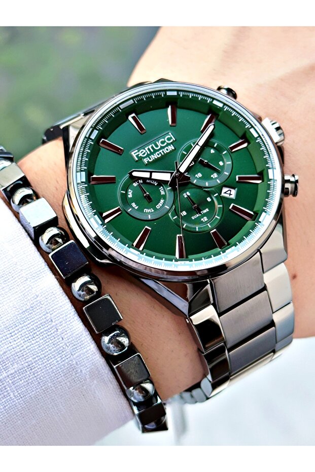 3 Atm Waterproof Green Dial Gray Color Men's Wristwatch with Calendar