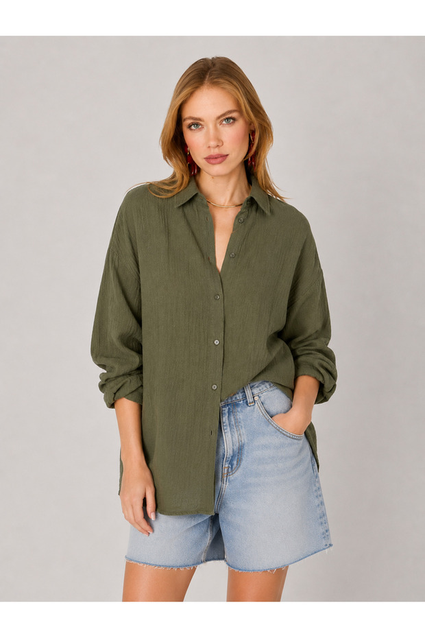 Washable 100% Cotton Muslin Oversize Shirt - Khaki | Mks165030-01