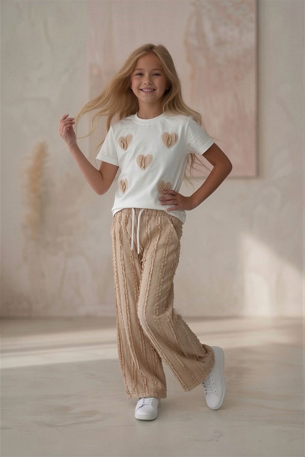 Cream Heart Embroidered Cotton T-Shirt and Ruffle Detailed Pants Set