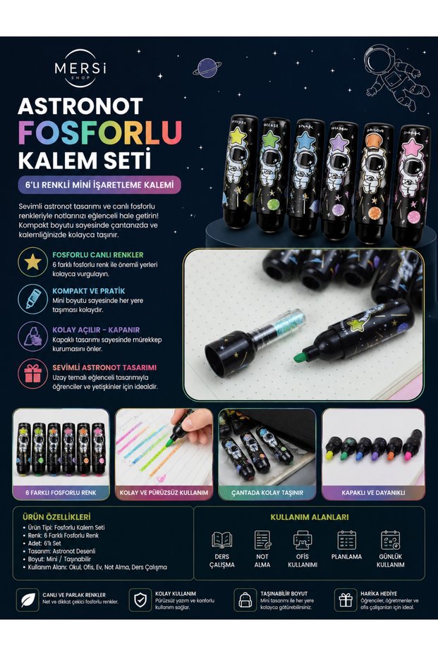 Astronaut Design Highlighter Set – 6 Color Highlighter Marker Pens