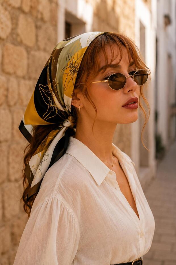 وشاح منقوش باللون البيج - 1