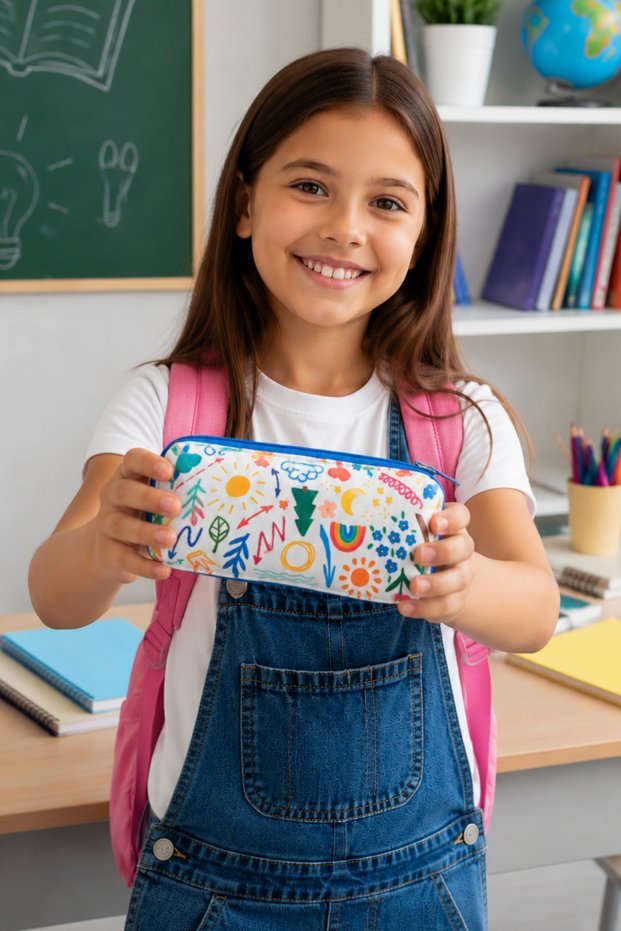 Children's Pencil Case - Colorful Printed Patterned Faux Leather Pencil Holder - Special Pencil Bag for Kids