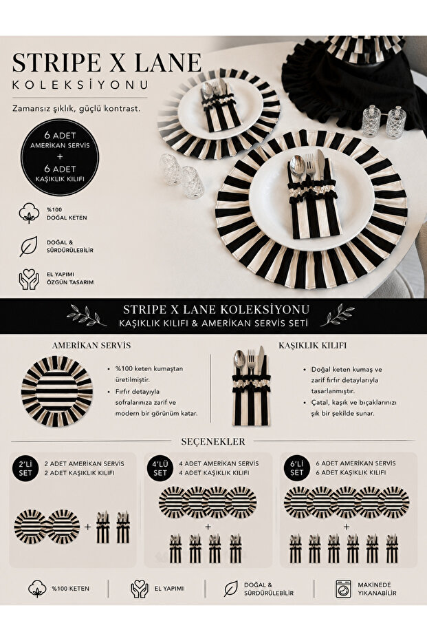 4-Piece Stripe Tableware Set / 4 Stripe Linen American Servings and 4 Stripe Linen Ruffled Spoon Rests Set