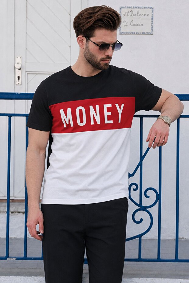 Color Blocked Text Detailed Black T-Shirt 3077