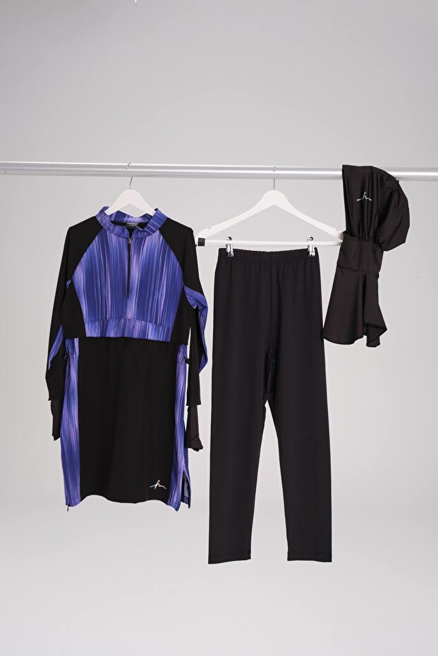 Patterned Black Purple Gileli 5 Piece Girls' Hijab Swimsuit Set 4083