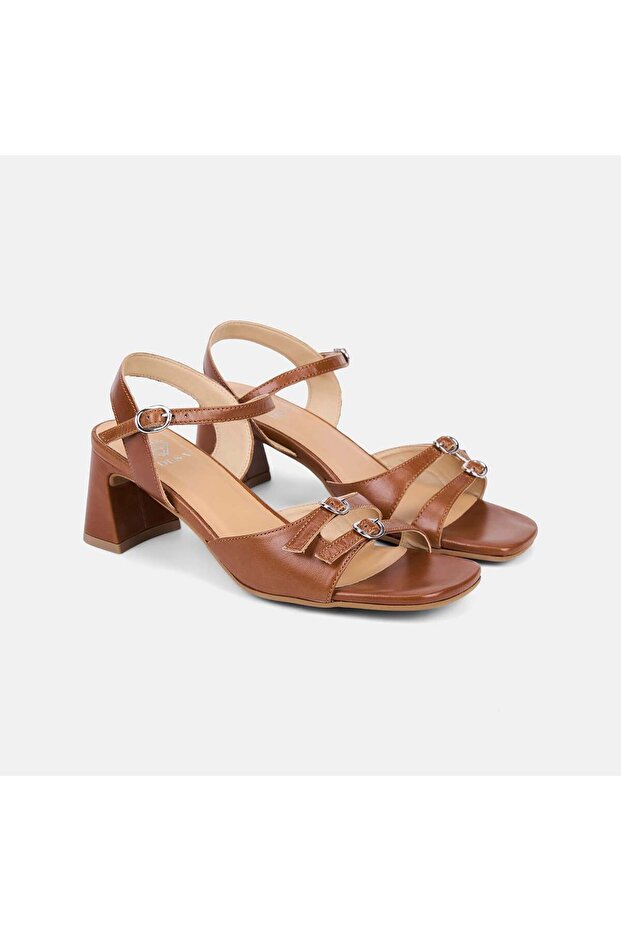 Women's Brown Square-Toe Double Buckle Heeled Leather Sandals
