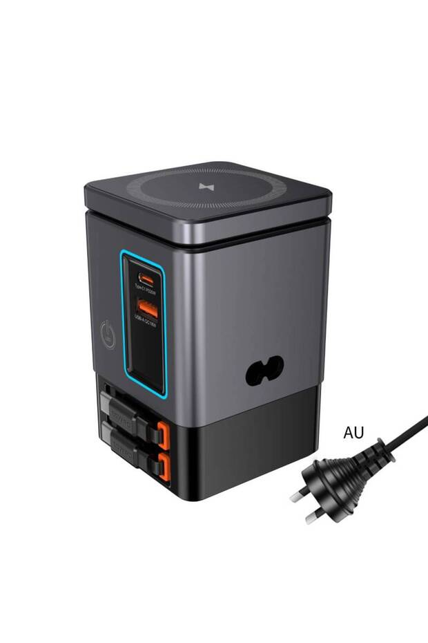 محطة شحن 6 في 1 بمقبس أسترالي مع كابل USB-C قابل للسحب، برج طاقة كومبو 105 وات لأجهزة متعددة