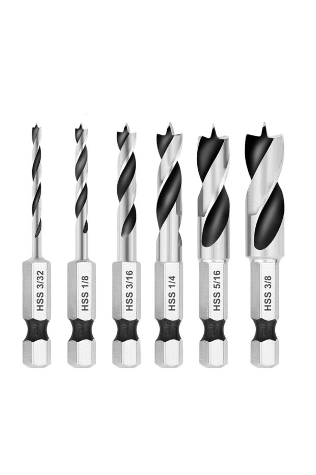 SAE 6pcs HSS SAE Brad Three Point Stubby Drill Bit Set for Wood With 1/4-Inch Quick Change Hex Shank