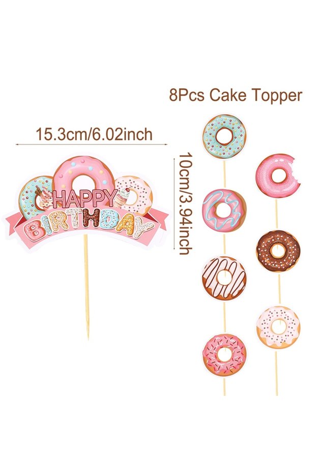 8pcs Donut Theme Birthday Cake Toppers Sweet Bar Donut Happy Birthday Cake Topper Cake Decor Baby Sh