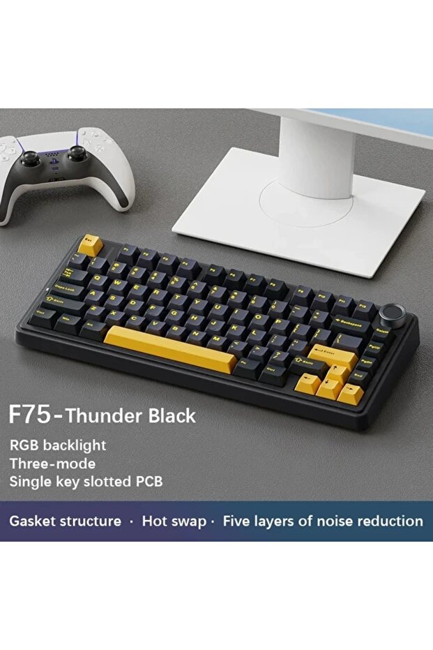 لوحة مفاتيح ميكانيكية للألعاب من نوع Green Switch Thunder Black F75، تدعم الاتصال اللاسلكي/البلوتوث/ بأسلاك بتردد 2.4 جيجا هرتز، لون أسود غامق، لون أخضر RG