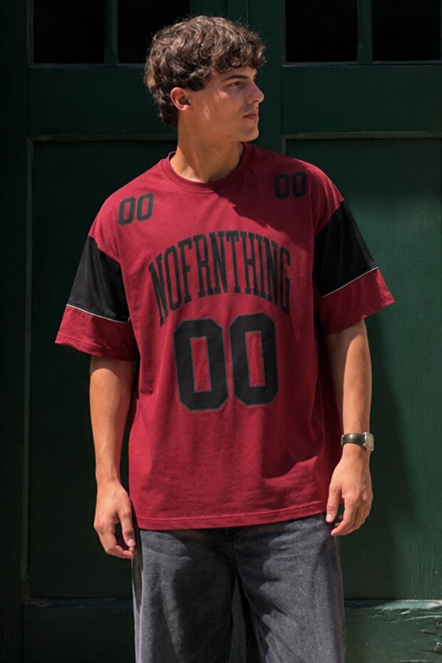 Burgundy Printed Cotton Oversize Men's T-Shirt 7035