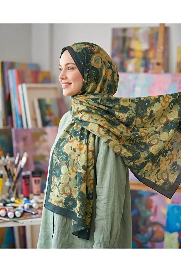 شال أنيق - نمط روزا - EM003-12 - أخضر، برتقالي