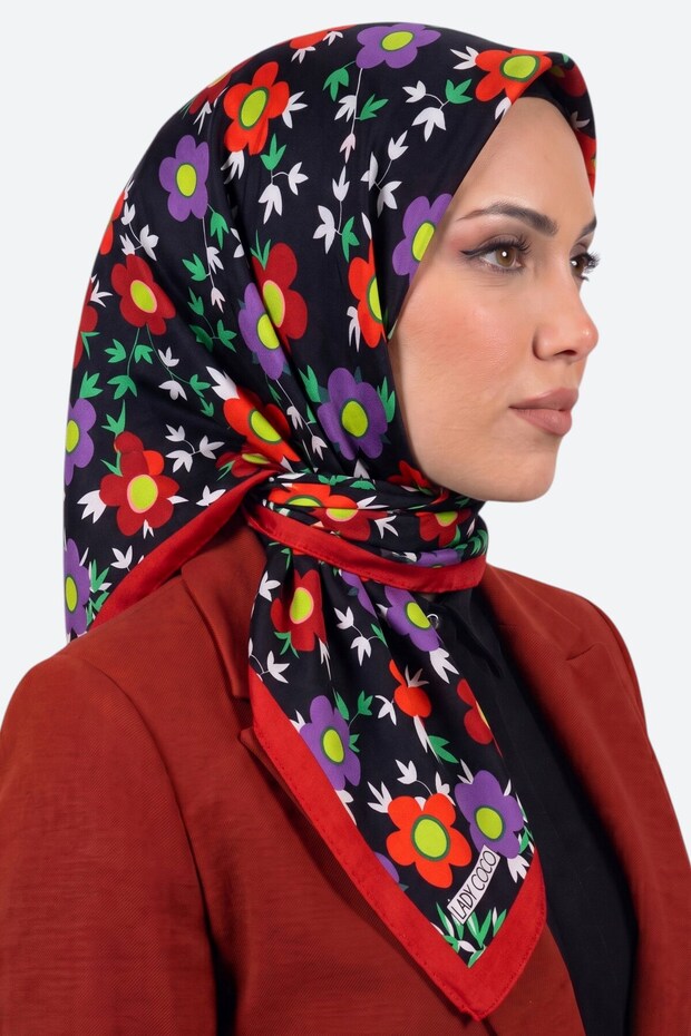 Women's Black Red Floral Patterned Organic Cotton Soft Scarf