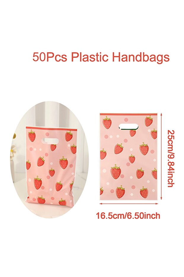 16.5x25cm 50pcs 10/20/50pcs Strawberry Gift Bags Plastic Candy Bags with Handles Multi-Purpose Gift