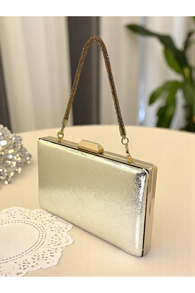 New Model Gold Color Shiny Patterned Chain Strap Stone Handle Women's Evening Dress Bag Wedding Engagement Graduation