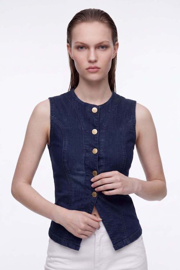 Denim Vest with Gold Buttons and Stitching Detail