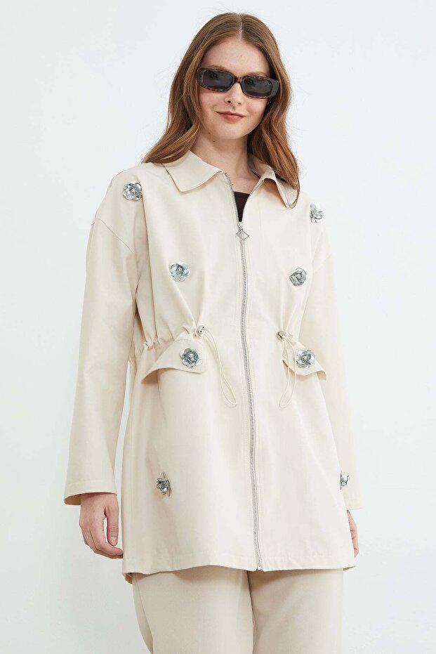 Floral Embroidered Trench Coat with Elastic Waist