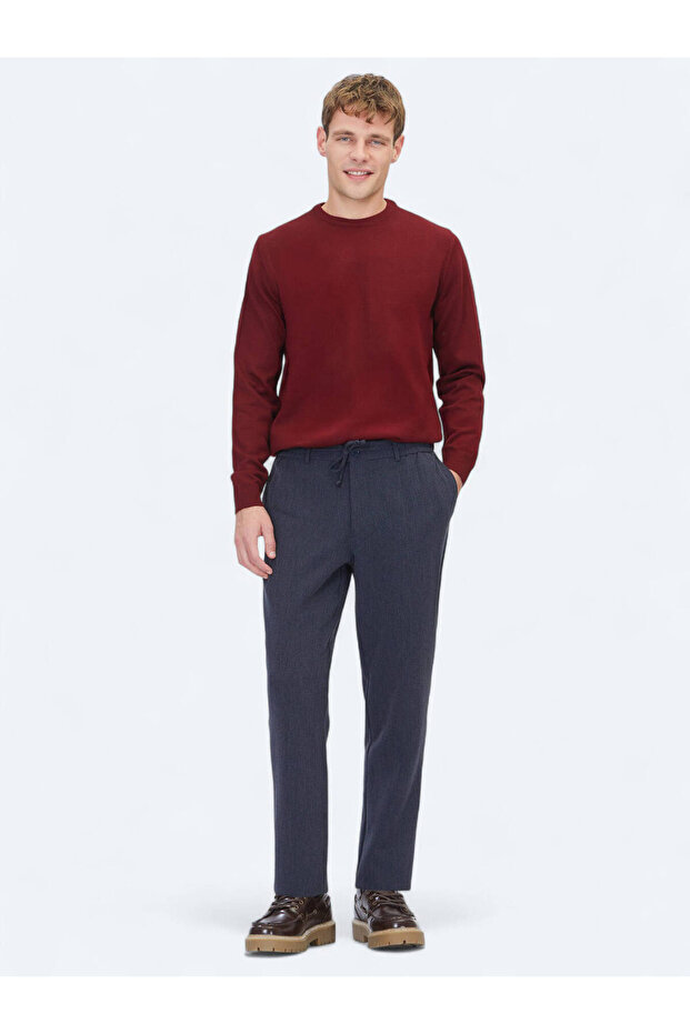 Navy Blue Striped Woven Jogging Fit Casual Trousers