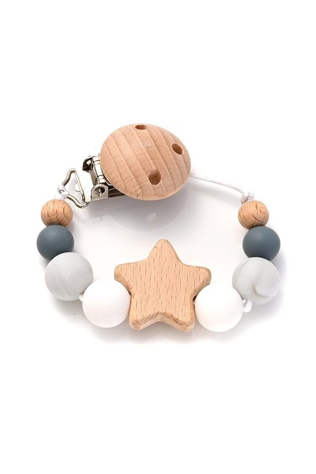 Color 2 New Baby Pacifier Chain Clips Wood Pentagram Teether Silicone Round Beads Teething Chain For