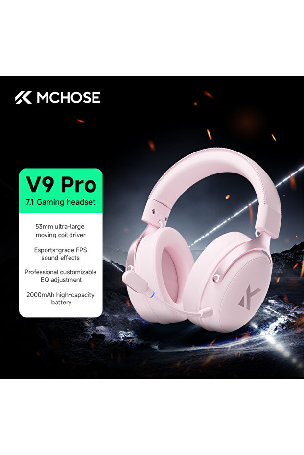 سماعة رأس MCHOSE V9 Pro وردية اللون مع ميكروفون، سماعة لاسلكية بتقنية البلوتوث بثلاثة أوضاع للكمبيوتر وألعاب الفيديو