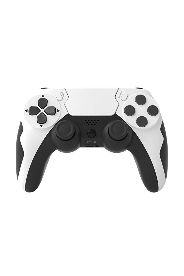 وحدة تحكم لاسلكية من GAMINJA باللون الأبيض والأسود ولوحة ألعاب بلوتوث واهتزاز مزدوج ولوحة تحكم سداسية المحاور ولوحة لمس وميكروفون