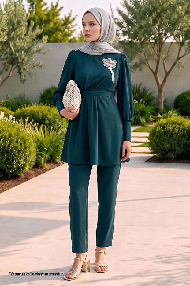 Half Gathered Petrol Green Double Set