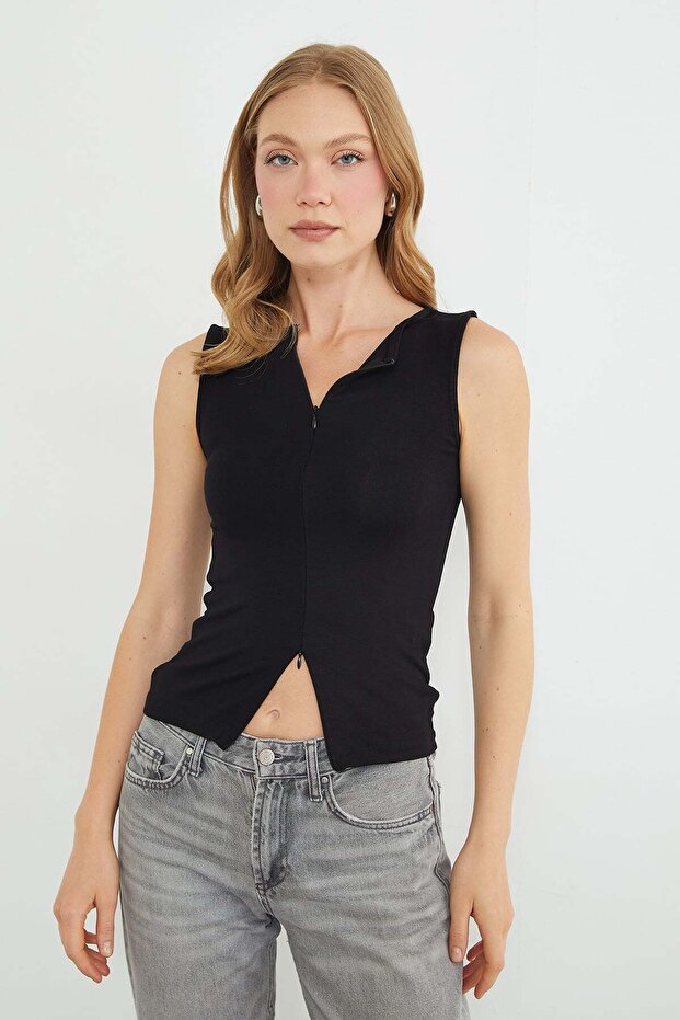 Double Zipper Slim Fit Blouse