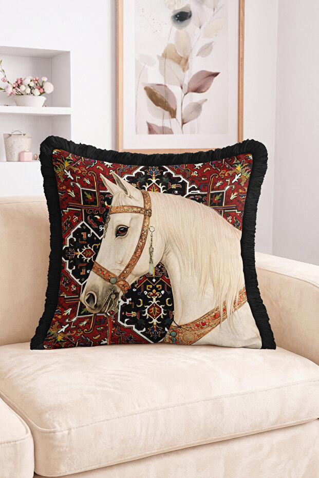 Traditional Kilim Patterned White Horse Figured Fringed Throw Pillow Cover Retro Decorative Pillowcase
