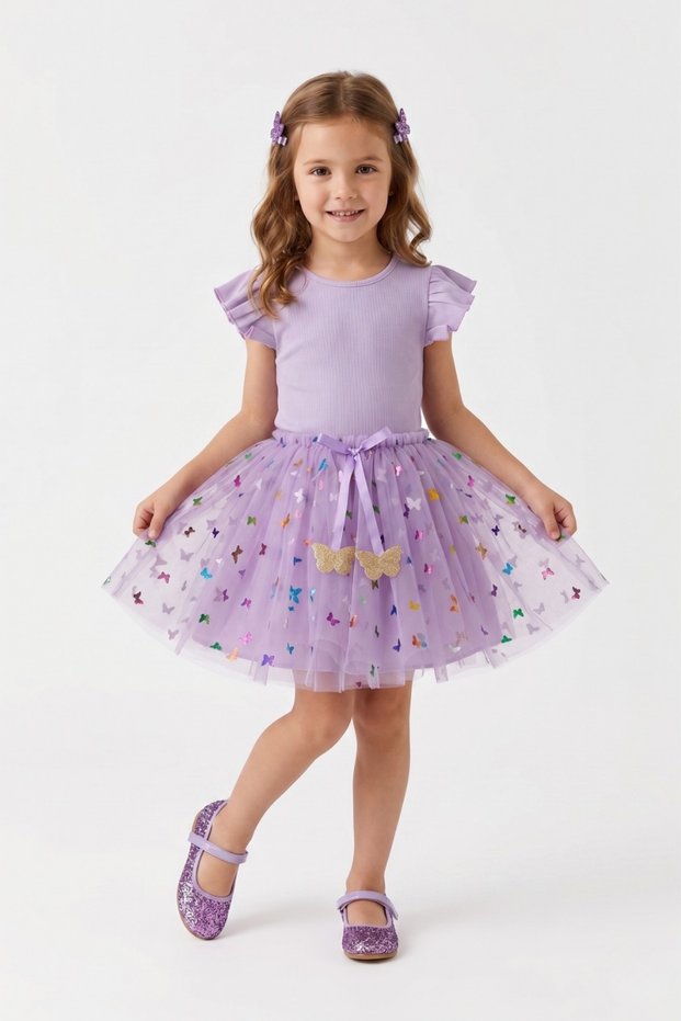 Lilac Butterfly Bow Detailed Girls' Tulle Skirt - Aster